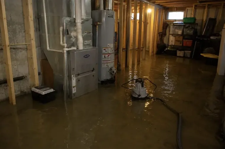 A failed water heater flooding a basement floor in Elkridge, MD